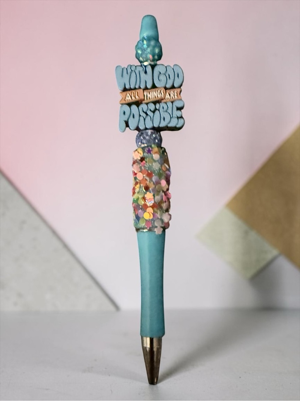 Inspirational Blue Glitter Statement Pen - "With God All Things Are Possible"